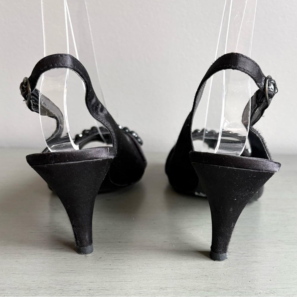 Gloria Vanderbilt Sling Back Satin Beaded Peep Toe Heels Shoes Women 7.5W Black - Picture 6 of 15